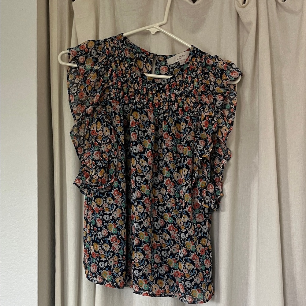 LOFT Floral Ruffle Blouse - Black and Multicolor